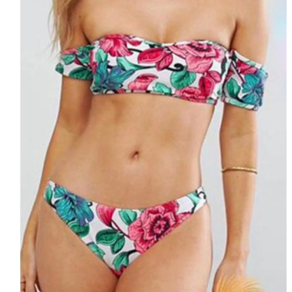 🆕Floral off shoulder strapless bikini set